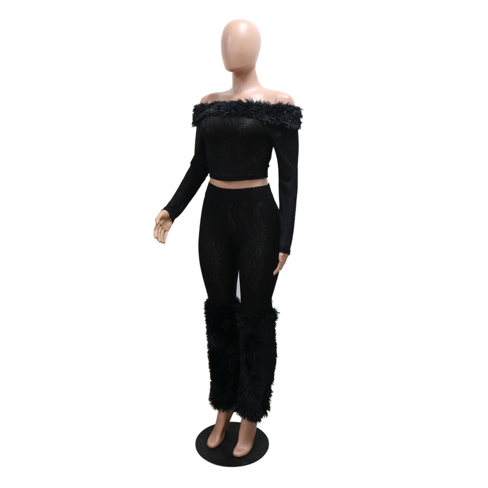 Women Long Sleeved off Shoulder Top Slim Trousers Furry Two Piece Set