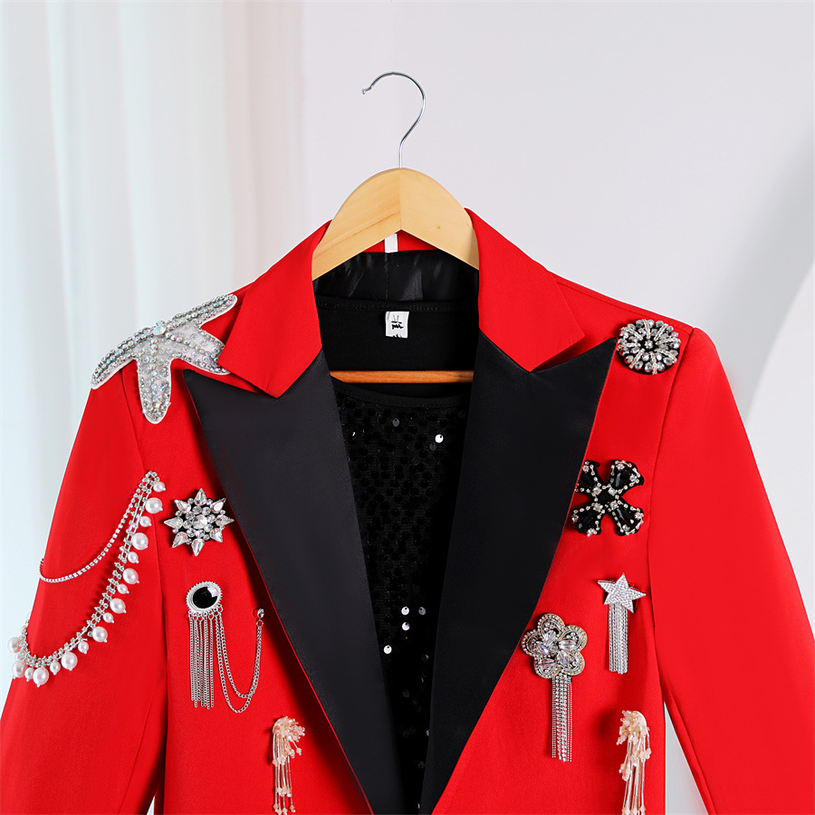 Cross-Border Hombres Rojo pesado hecho a mano de agua de ladrillo etapa desfile traje banquete invitado masculino discoteca cantante anfitrión vestido
