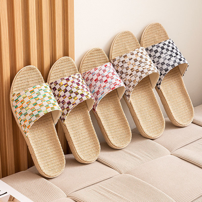 Small Plaid Whole Piece Women's Home Linen Slippers Simple Indoor Silent Men's Breathable Four-Season Japanese-Style Straw Rattan