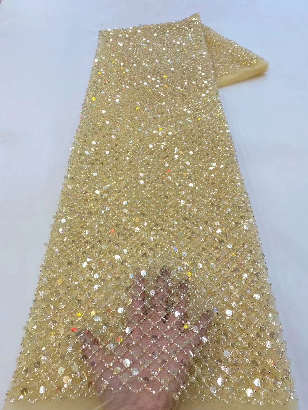 Burbuja rhombic perlas tubo vestido perlas lentejuelas tela europea y americana malla bordado vestido tela JX3843