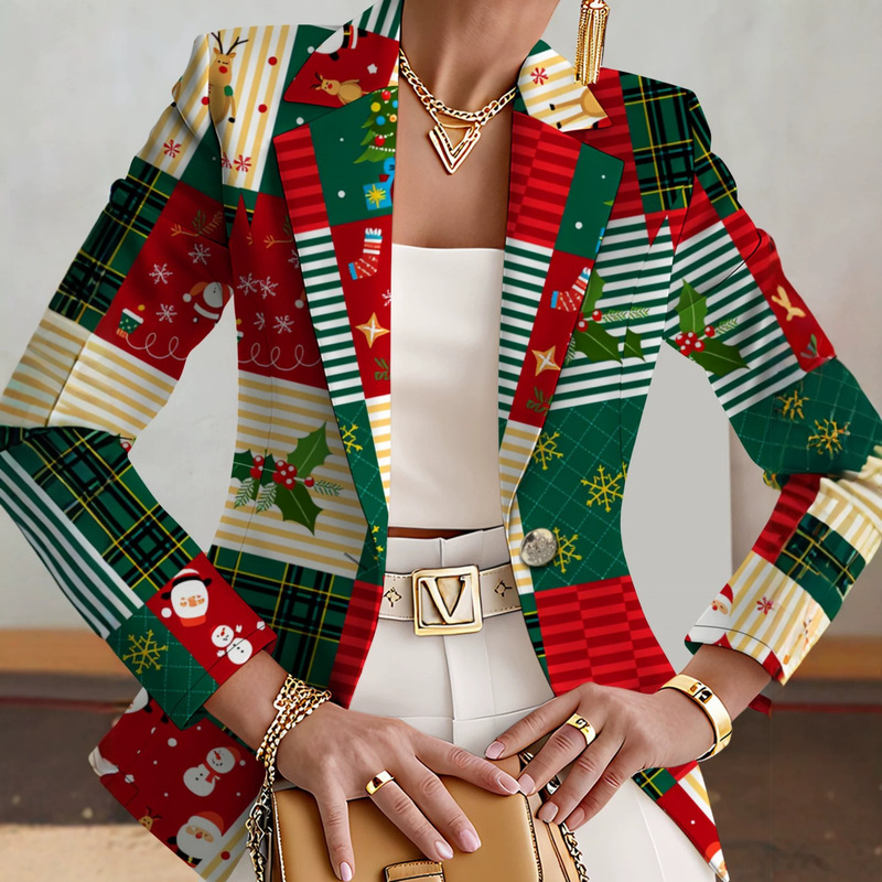 Christmas Cartoon Patchwork Print Blazer for Women, Red and Green Plaid Snowman Reindeer Lapel Single-Button Casual Blazer