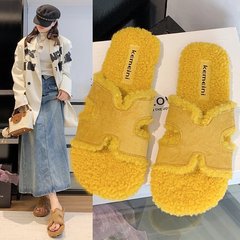 源头工厂厚底毛毛拖鞋女外穿2025新款秋冬季毛茸茸网红一字棉拖鞋
