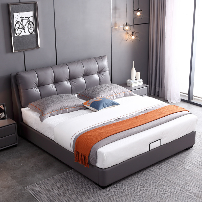 Nueva cama de cuero real de 1.8m cama de matrimonio doble simple moderna muebles de dormitorio principal cama de borde de cama de cuero nórdica cama suave