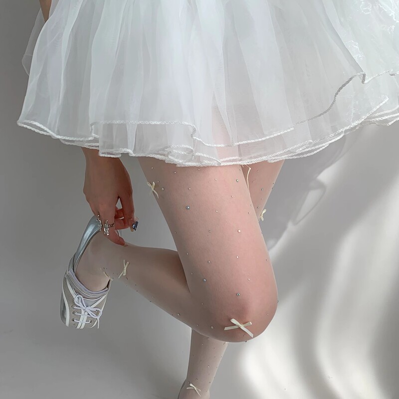 White Stockings Sweet Ballet Style Bow Glitter Diamond Pantyhose Women's Japanese Style Jk Lolita Thin White Leggings