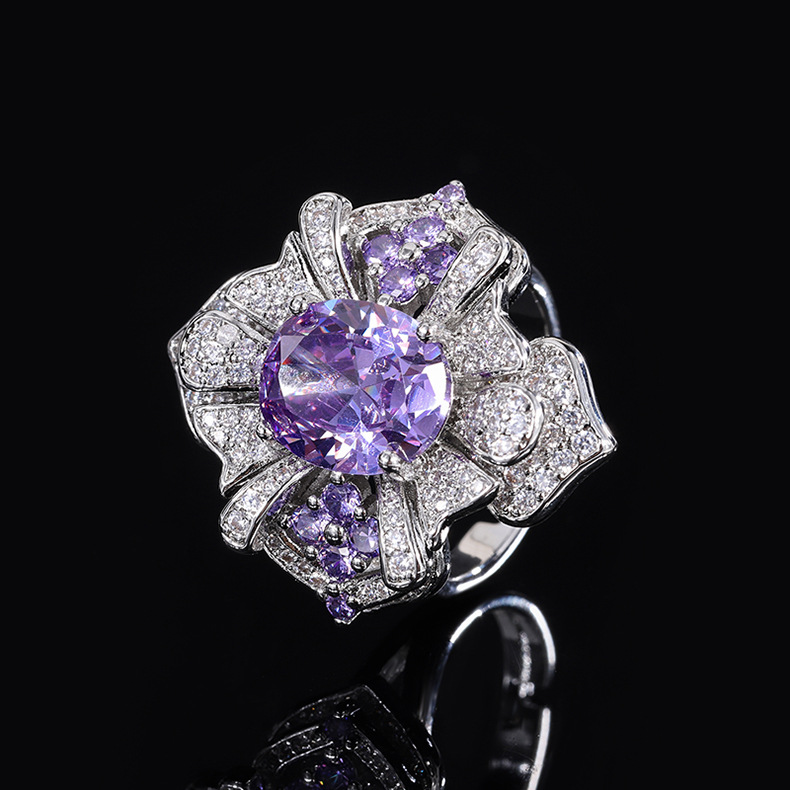 Fashion Flower Brass Inlay Zircon Rings 1 Piece