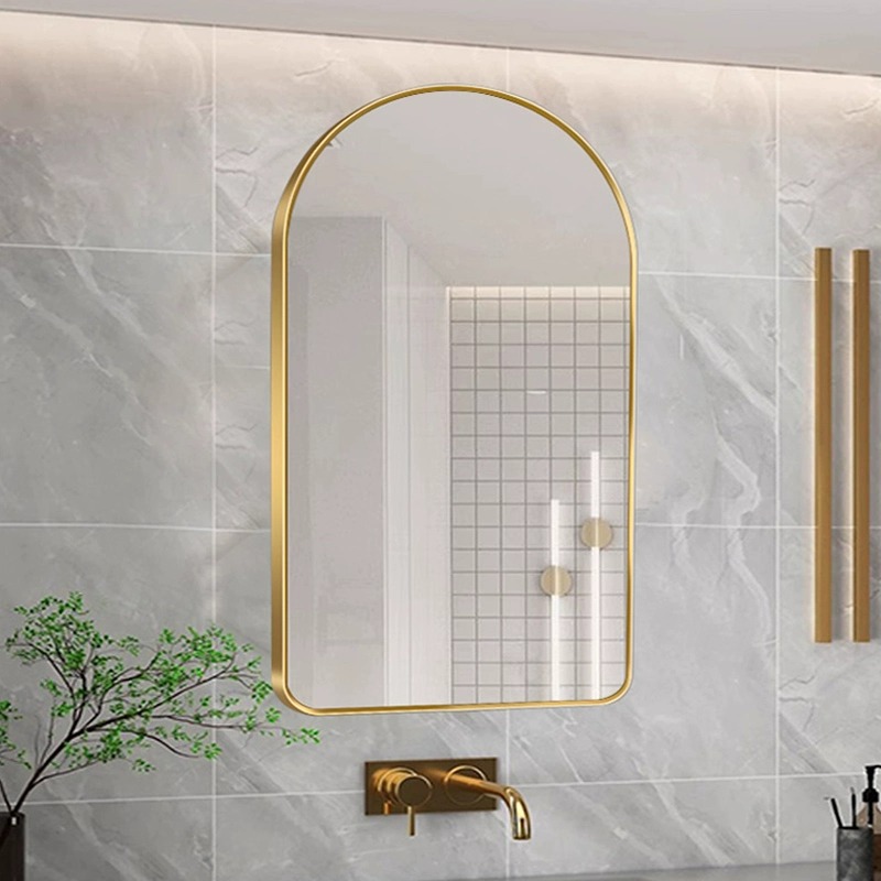 European-Style Bathroom Mirror Without Punching Aluminum Alloy Frame Arched Bathroom Mirror Bathroom Bathroom Wall-Mounted Home Makeup Mirror