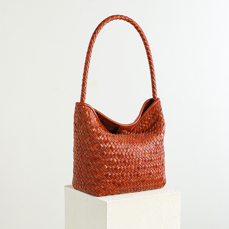 Vacation Lazy Style Retro Casual Hand-Woven Bucket Bag, Handheld Market Basket Bag, Single Shoulder Underarm Bag - Thumbnail 2