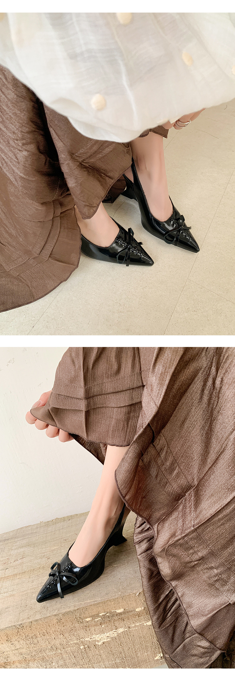 Sandal cao gót nữ mũi nhọn hở gót, gót xuồng 9 cm, nơ bướm — màu đen, màu trắng ngà chi tiết 21