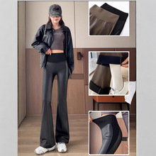 新款微喇皮裤女秋冬加绒机车裤修身显瘦休闲外穿拼接高腰打底裤子
