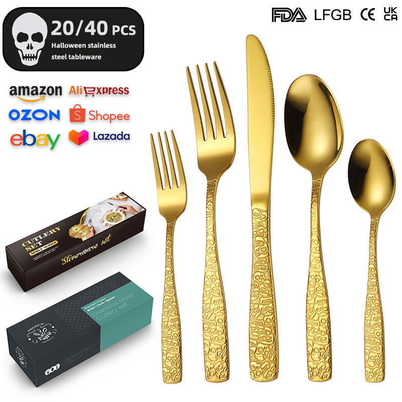 Halloween Skull Stainless Steel Tableware 20/40 Piece Set Home Hotel Western Steak Knife and Fork Spoon suit Halloween Skull Stainless Steel Tableware 20/40 Piece Set Home Hotel Western Steak Knife and Fork Spoon suit