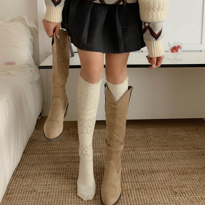 Wool Boot Socks for Women, Autumn and Winter Thickened Hollow-Out Japanese Style Slouch Socks, Warm Solid Color Knee-High Calf Socks for Boots