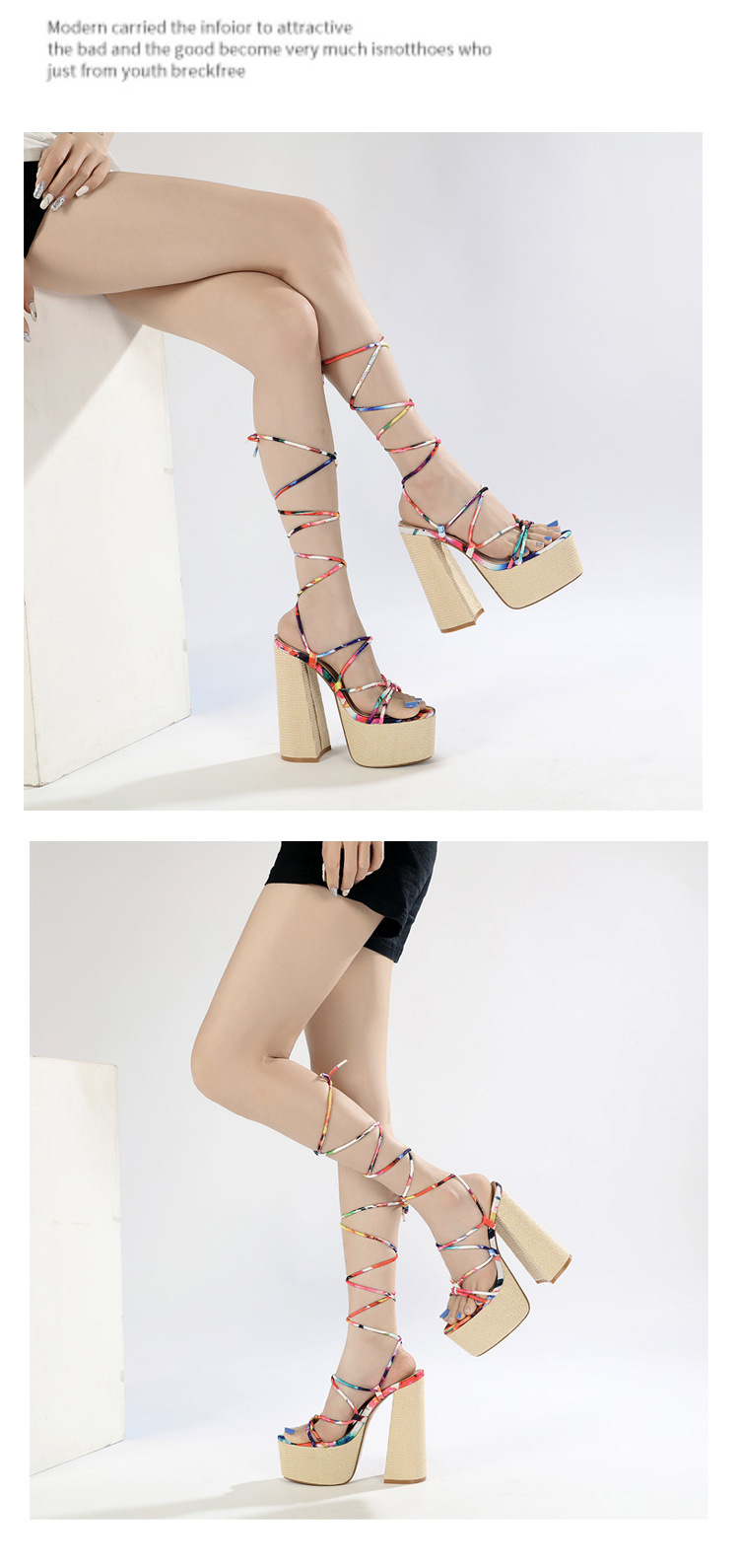 Sandal cao gót nữ đế dày platform mũi hở quai buộc dây — Màu đen chi tiết 13