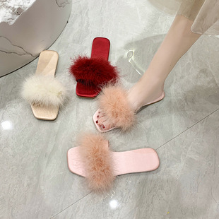 2025 Spring and Summer New Wedding Bridesmaid Feather Slippers Women's Newlywed Satin Red Slippers Bridal Dressing Robe Matching Shoes