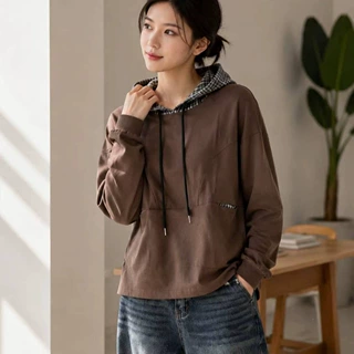 琪镌绘制秋季新款格纹拼接连帽卫衣女宽松慵懒风休闲长袖上衣女
