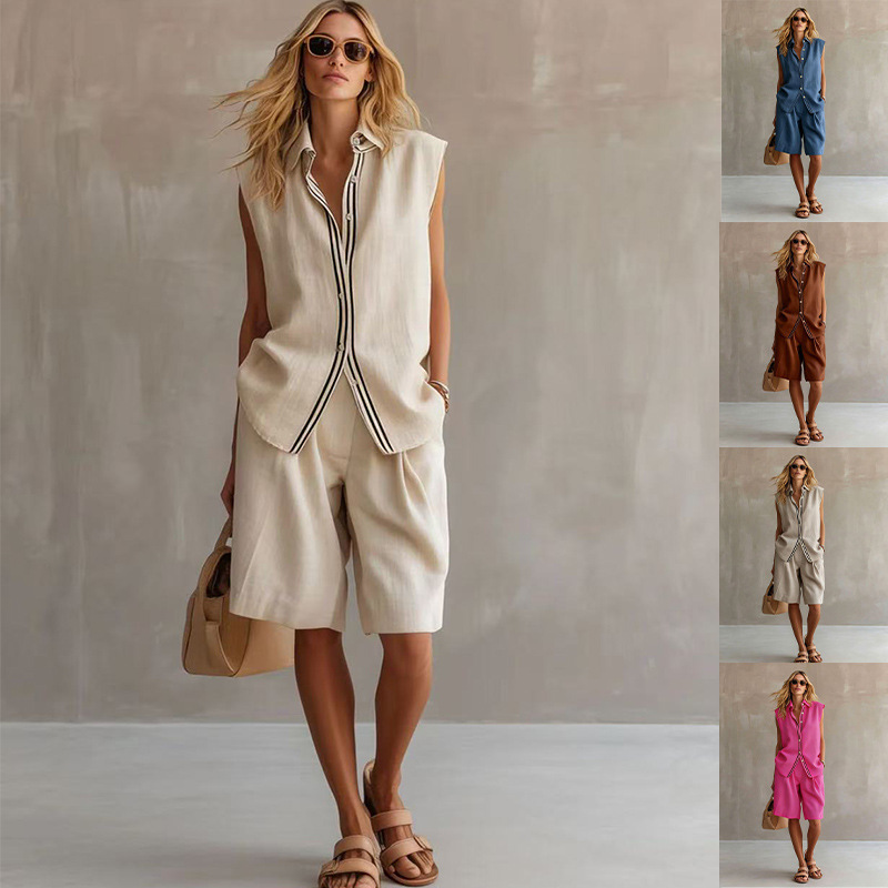 2026 European and American Cross-Border Summer Casual Fashion Women's Single-Breasted Sleeveless Linen Blouse Set