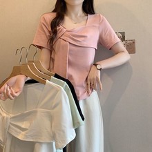 纯欲风方领设计感短袖t恤夏季新款正肩显瘦修身小众设计感上衣女