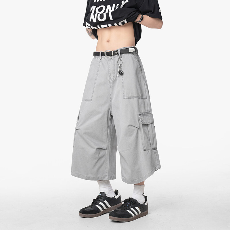 Cotton Tooling Cropped Jeans Men's 2025 New American Style Loose Shorts Straight Wide Leg Design Casual Pants