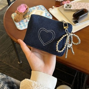 Card Bag Portable Denim Small Bag Dirty Resistant Love Embroidered Earphone Bag ID Bag Coin Purse Simple Red Bag