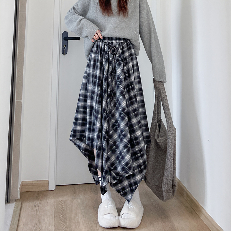 韩版不规则格纹半身裙女2025秋季复古格子松紧腰显瘦中长款a字裙|undefined