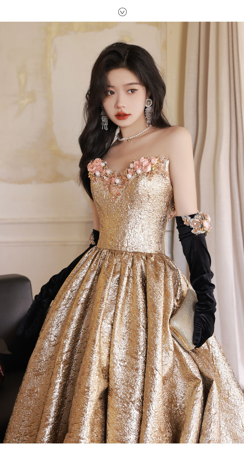 Đầm dạ hội ôm body dáng dài, thiết kế cổ V sâu, tay sát nách, phong cách vintage — Vàng Qidi (không bao gồm găng tay), Màu vàng cộng với găng tay chi tiết 5