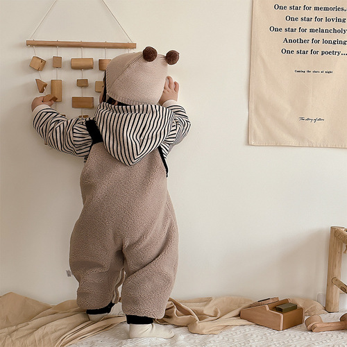 Baby jumpsuit, baby suit, winter clothing, fleece hooded sweatshirt, thick furry overalls, versatile warm trousers