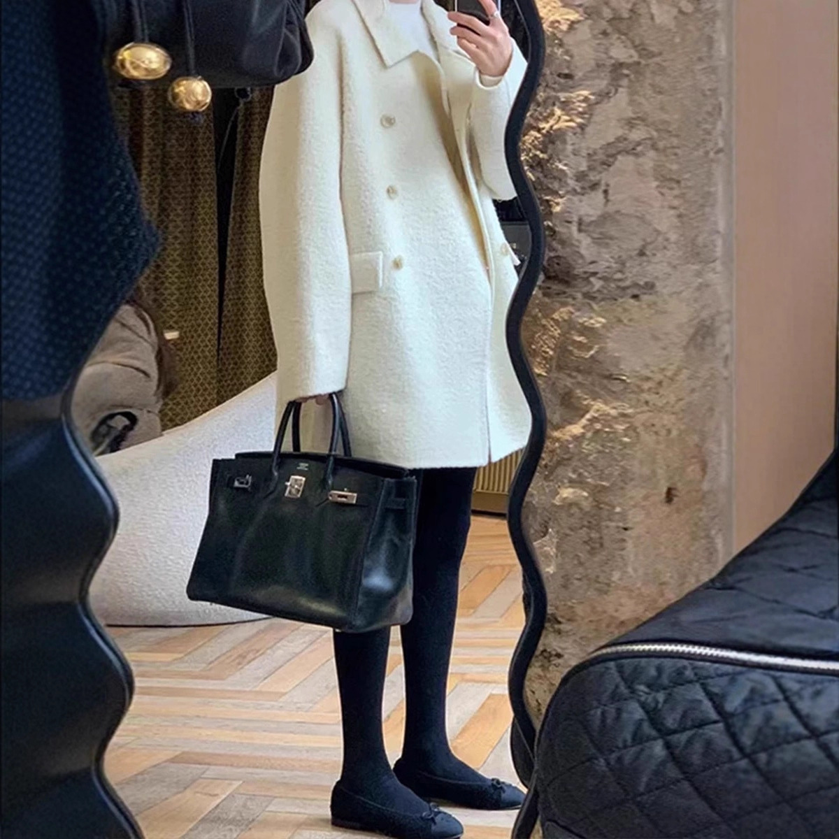 South Korea's Dongdaemun Oun*Ce Outwear Loose and Gentle Lapel Double-Breasted Mid-Length Suli Wool Outwear