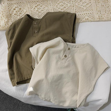 韩版复古儿童棉麻背心薄款夏季男童女童无袖上衣T恤森系童装0052