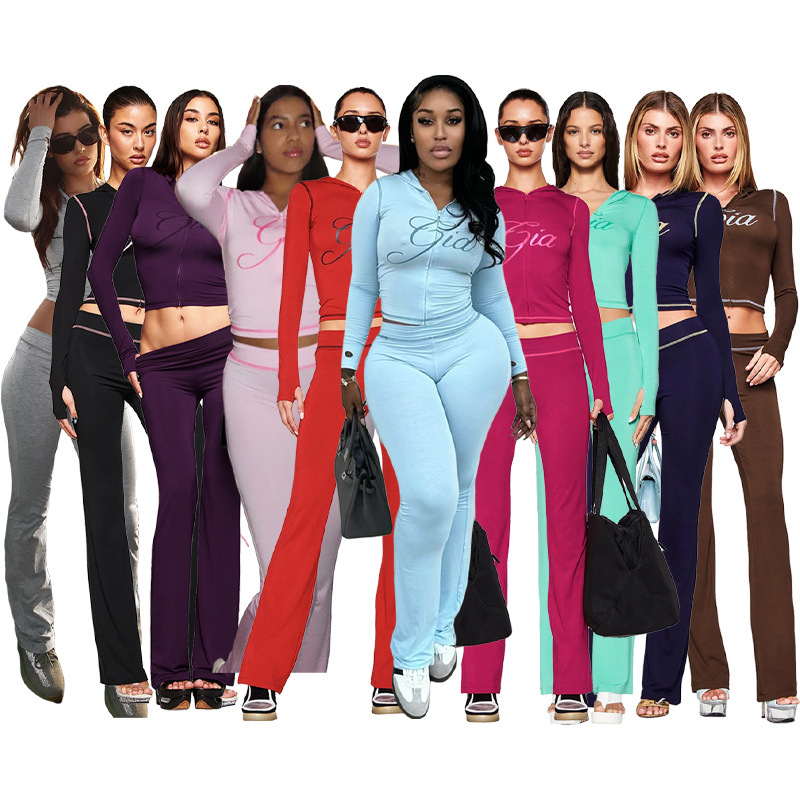 Hr25071 European and American Fashion Women's Cross-Border Supply Printed Hooded Long-Sleeved Thumb Buckle Micro-Flared Two-Piece Suit