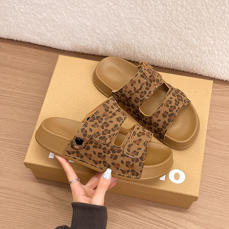 2026 Summer Leopard Print Birkenstock Sandals for Women, Thick-Soled Velcro Slippers, Height-Increasing for Petite Women, Outdoor Wear Birkenstock Style