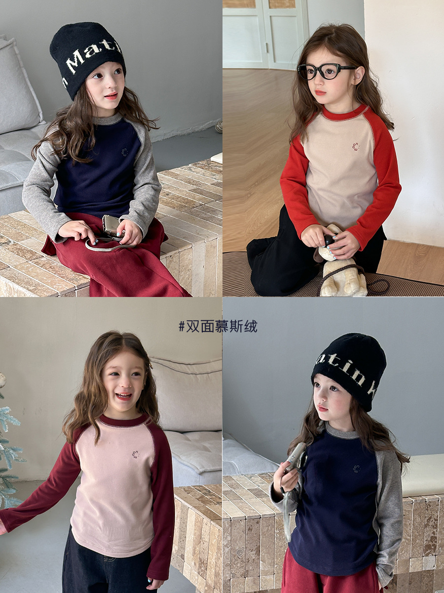 [double-sided mousse velvet] aimo baby girl‘s korean-style slim-fit winter contrast color raglan bottoming shirt top