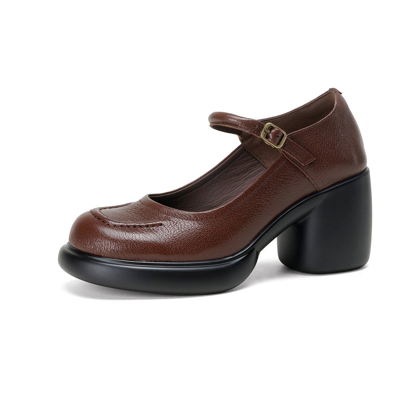 Giày Mary Jane nữ đế dày gót thô 8 cm, da dê mềm, quai ngang khóa — màu nâu
