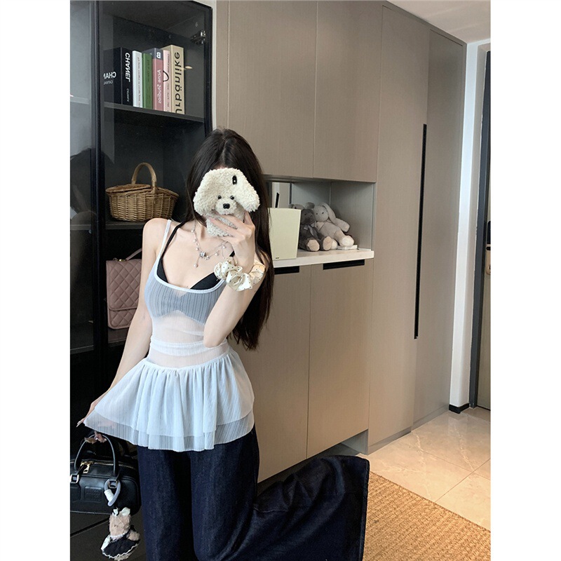 Fairy Style Transparent Breathable Ruffled Versatile Short Elastic Camisole for Hot Girls American Tops to Wear Outside