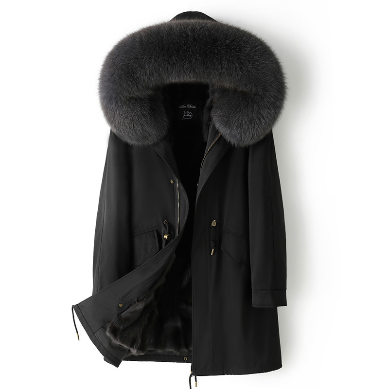 다크 그레이 폭스 퍼 라이너가 있는 중간 길이의 블랙 쉘