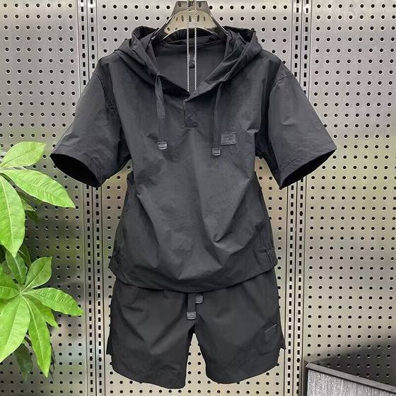 Sunscreen Hooded Men's Suit Two-Piece Summer Lightweight Breathable Short-Sleeved Shorts Fashionable and Handsome Solid Color Loose Casual