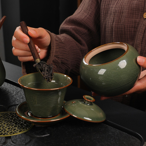 Ge Kiln Tea Set Ceramic Kung Fu Large Set Open Cover Bowl Teapot Teacup Complete Set Accompanying Gift Box Wholesale