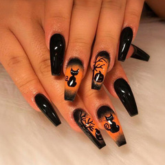 Dark, Mysterious Cat Pumpkin Wearing Nail Sheets, Halloween Weird Fake Nail Stickers, Removable Nails