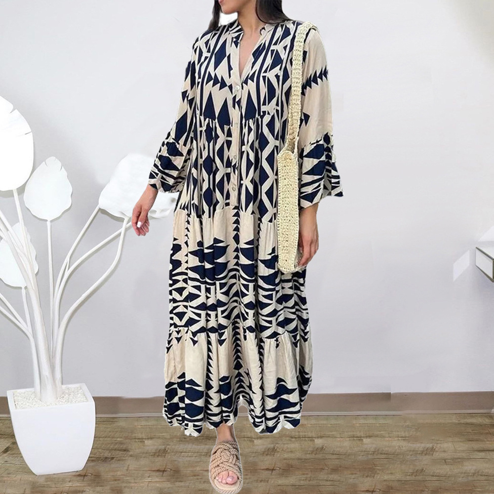 Women's Regular Dress Streetwear V Neck Printing Button Long Sleeve Printing Maxi Long Dress Holiday Daily display picture 13