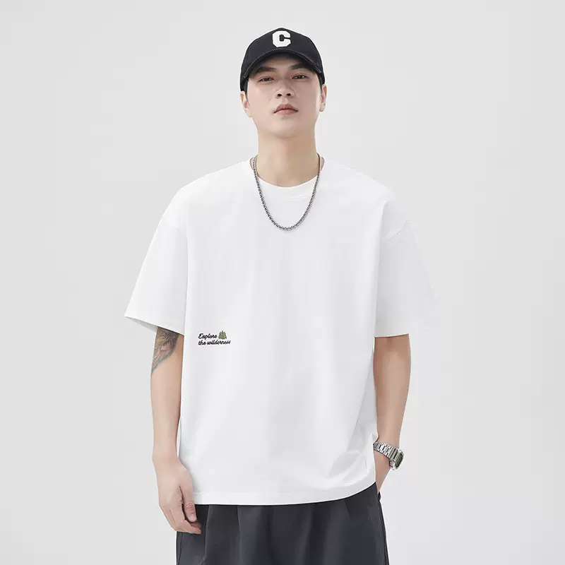 尚谷男装 重磅短袖白T恤男刺绣夏季新款男士冰丝宽松大码纯棉短袖