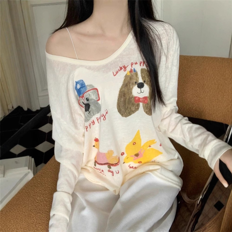 Apricot Age-Reducing Cute Dog Print Long-Sleeved T-Shirt for Women in Autum Loose Casual Lazy Style High-End U-Neck Top Apricot Age-Reducing Cute Dog Print Long-Sleeved T-Shirt for Women in Autum Loose Casual Lazy Style High-End U-Neck Top