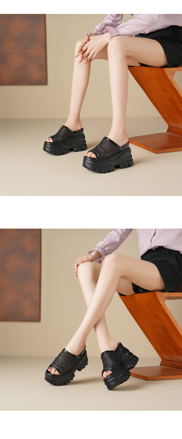 Dép lê đế xuồng dệt rỗng thoáng khí tăng chiều cao 12cm cho nữ, đế xốp dày dáng nhỏ — Màu đen, Màu vàng nhạt, Màu bạc chi tiết 7