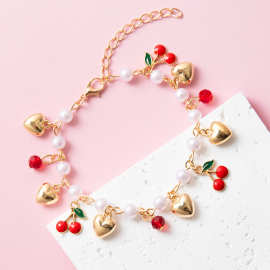 欧美跨境时尚甜美珍珠手链红色樱桃草莓爱心女士小众简约手饰