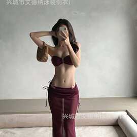 李闹闹-2026新款绝美长裙泳衣女紫色挂脖三点式温泉度假风比基尼