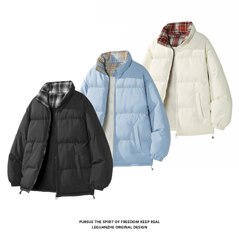 格子立领面包棉服男士冬季新款加绒加厚保暖羽绒棉袄男生棉衣外套