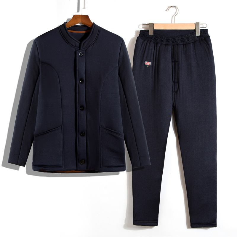 中老年驼绒套装男士冬季保暖两件套加绒加厚棉袄老人爸爸棉衣棉裤