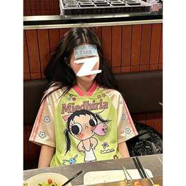 原版面料  原版做工  螺纹领口+后包边 印花领短袖女图片色磨毛