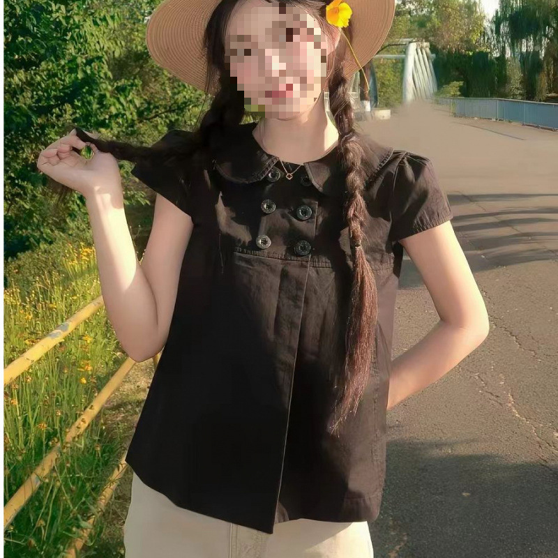 Black casual double-breasted short-sleeve shirt for women, new summer Korean style, high-end, slimming, doll collar blouse Black casual double-breasted short-sleeve shirt for women, new summer Korean style, high-end, slimming, doll collar blouse