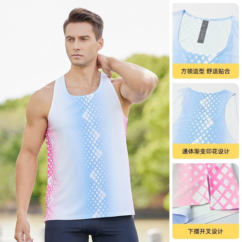 Новый летний спортивный жилет без рукавов с градиентным принтом для гонок, марафона, фитнеса, дышащий, быстросохнущий, легкий жилет
