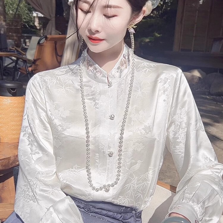 2025 Early Autumn Embroidered Jacquard Mulberry Silk Shirt White Bamboo and Bird New Chinoiserie Shirt Top for Women