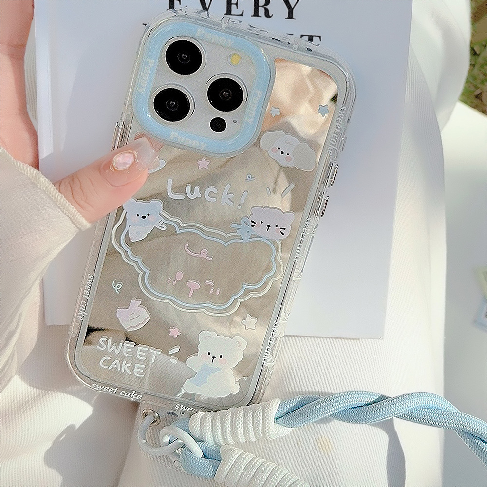 Funda de teléfono con diseño de espejo de verano para iPhone 16 Pro Max, compatible con Apple 15, iPhone 17, dibujos animados, 12.ª generación, 11, con correa