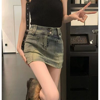 辣妹高腰短裙复古牛仔半身裙女夏季防走光裙裤半裙小个子包臀裙子